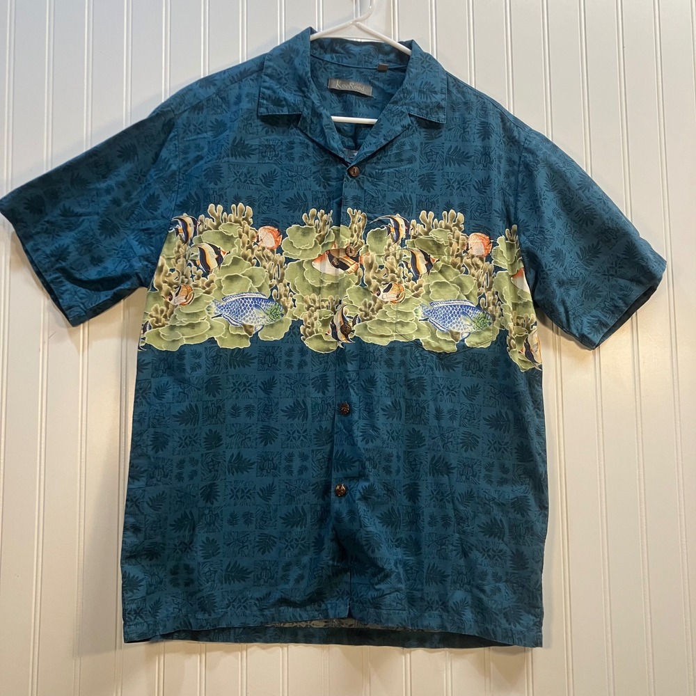 Koa Road Mens M Hawaiian Shirt Teal Blue Fish Coral Reef Cotton Made in Hawaii